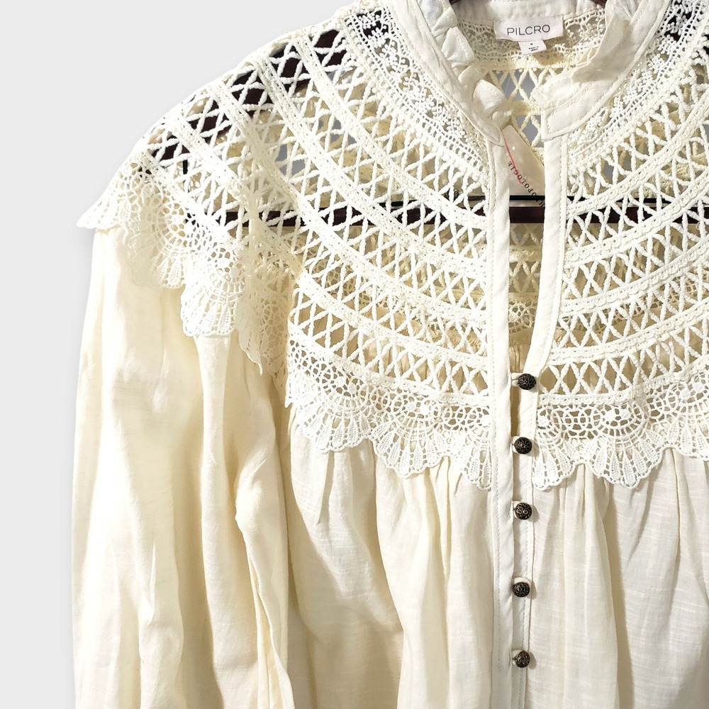 NWT Pilcro Anthropologie Ivory Lace Yoke Peasant Blouse OB2353185 Small - Picture 3 of 12